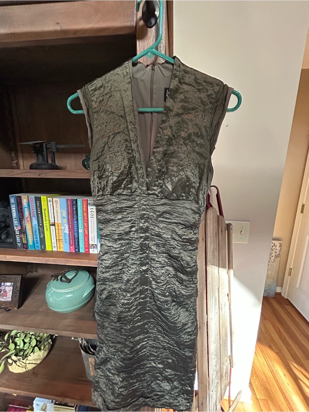 Nicole Miller Collections Olive Green Sleeveless V-Neck Ruched Dress